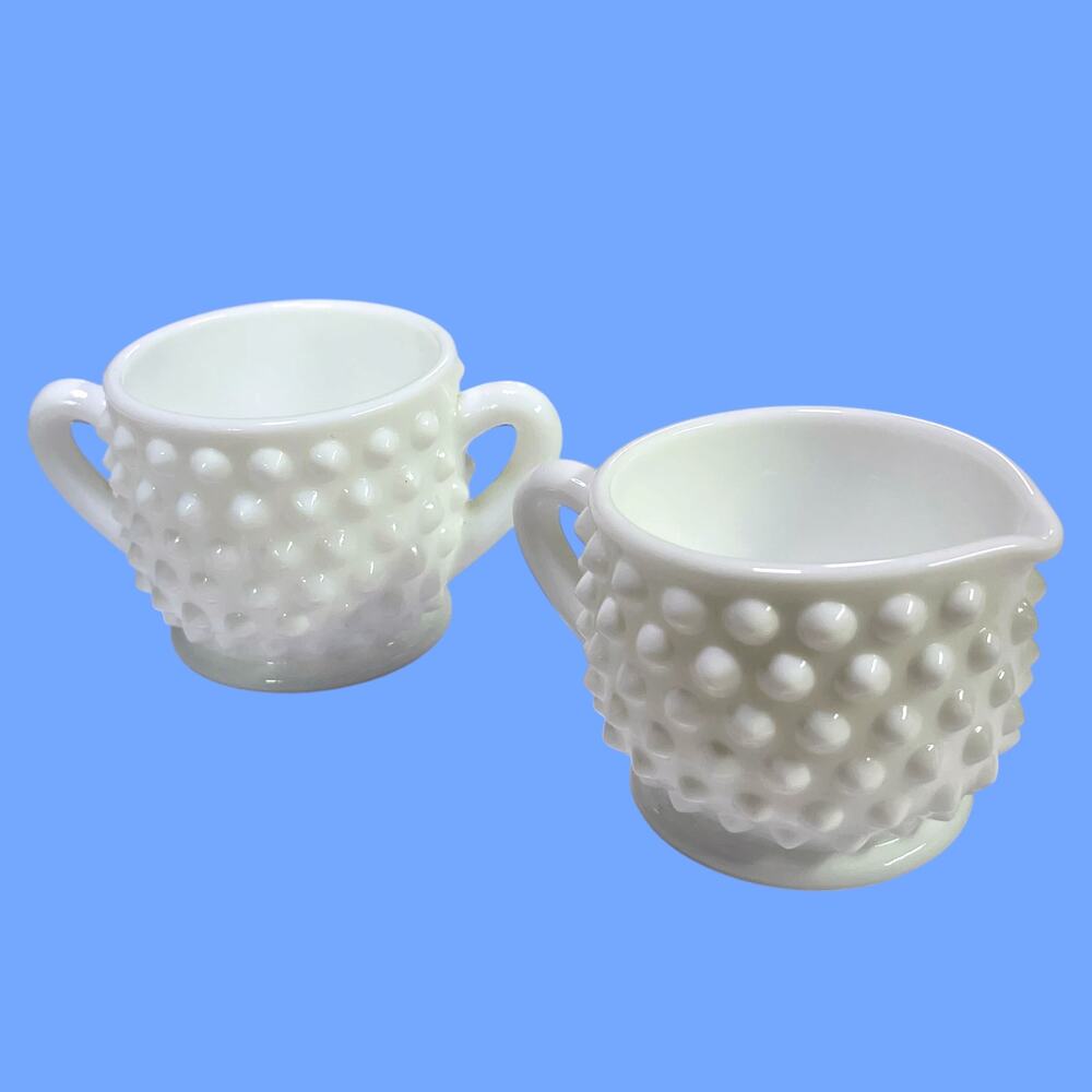 Vintage Fenton White Milk Glass Hobnail Mini Creamer & Sugar Bowl Set